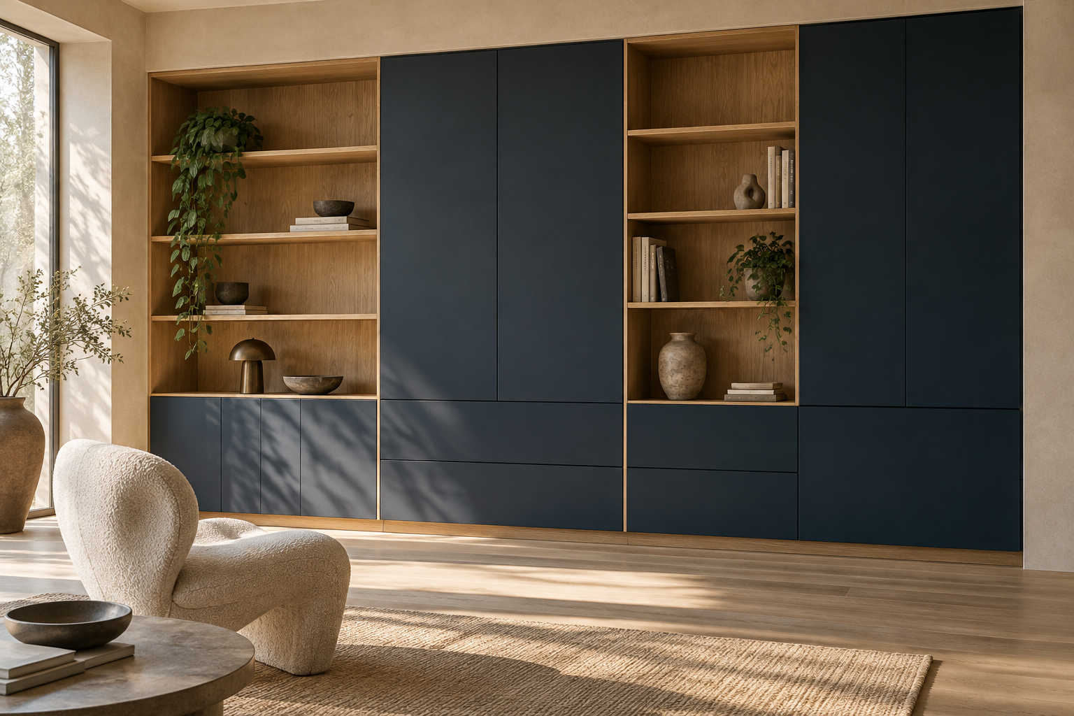 Eikenhouten wandkast met inktblauwe fronten in een lichte woonkamer